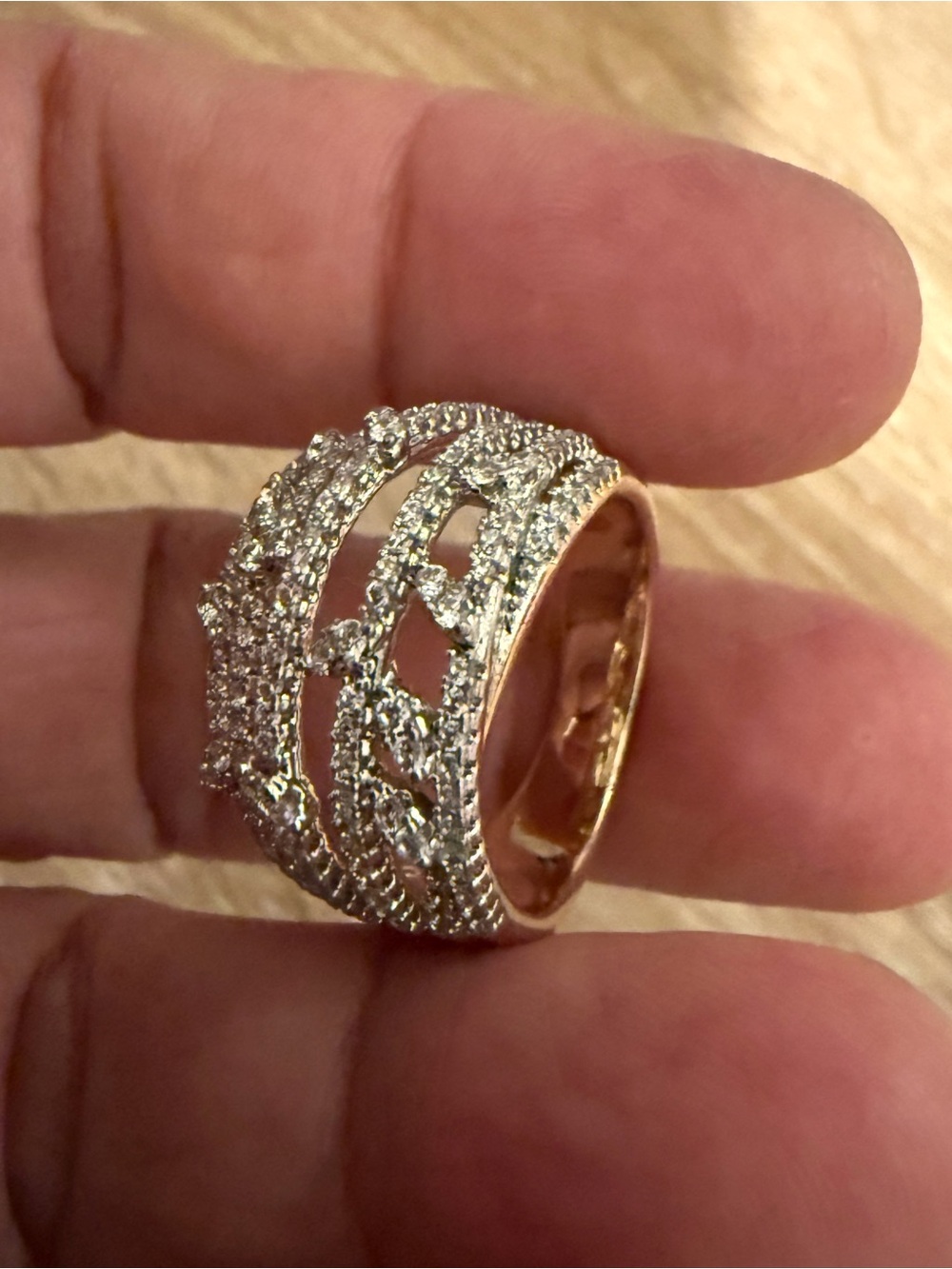 Gold Crystal Pavé Filigree Wide Band Ring